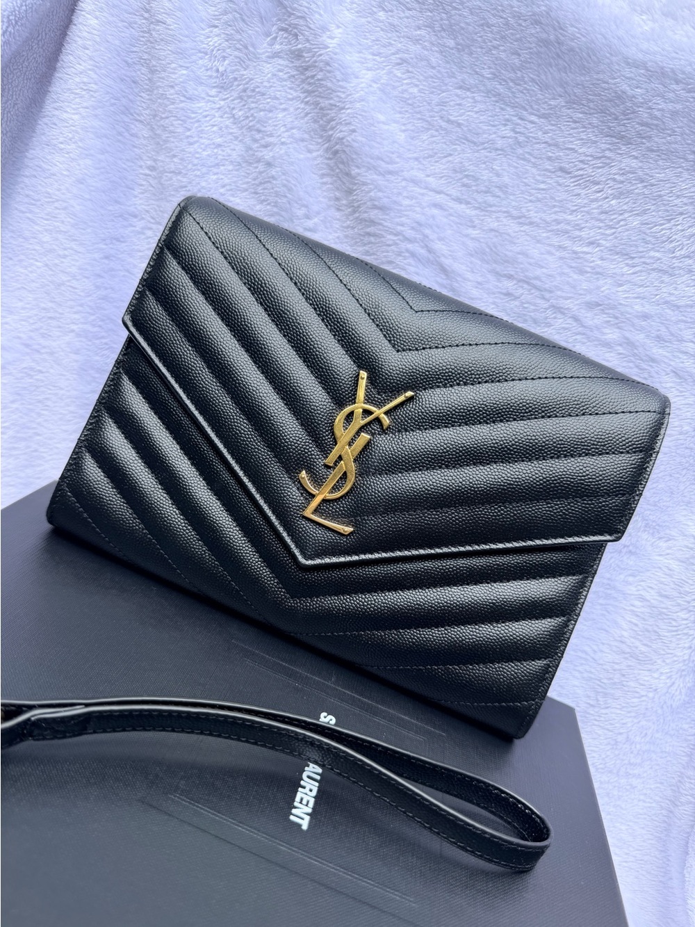 Pre-loved Saint Laurent Black Envelope Clutch with Gold hardwares
